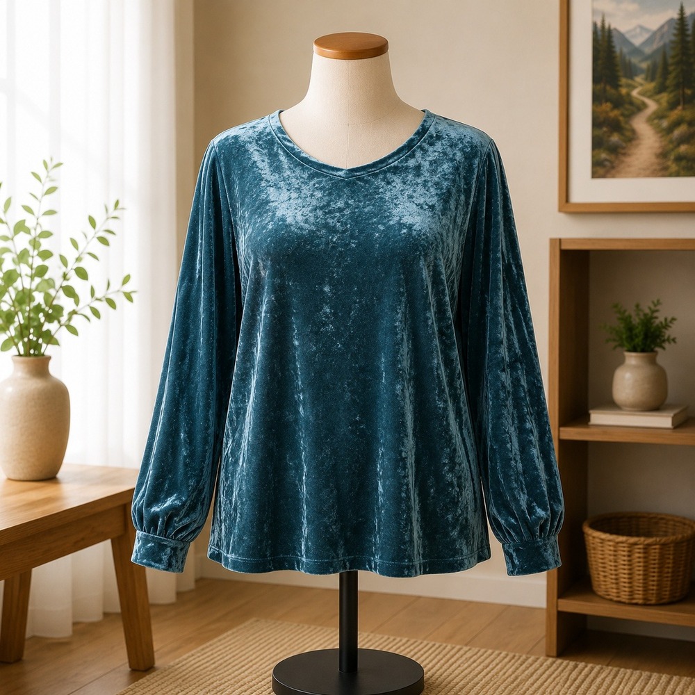 Belle Boho Kim Gravel‎ Velvet Top Womens XL Teal Green Long Sleeve Pleated Cuff
